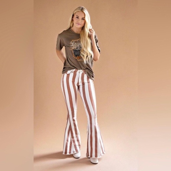 Altar'd State Brown and White Striped Flare Pants - Picture 1 of 2